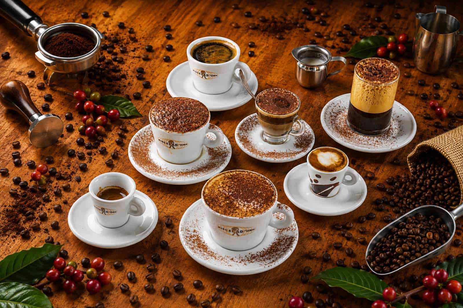 Italian espresso drinks at Vespa Healthy Italian Café in Sedona — cappuccino, marocchino, shakerato and espresso in Miscela d'Oro porcelain