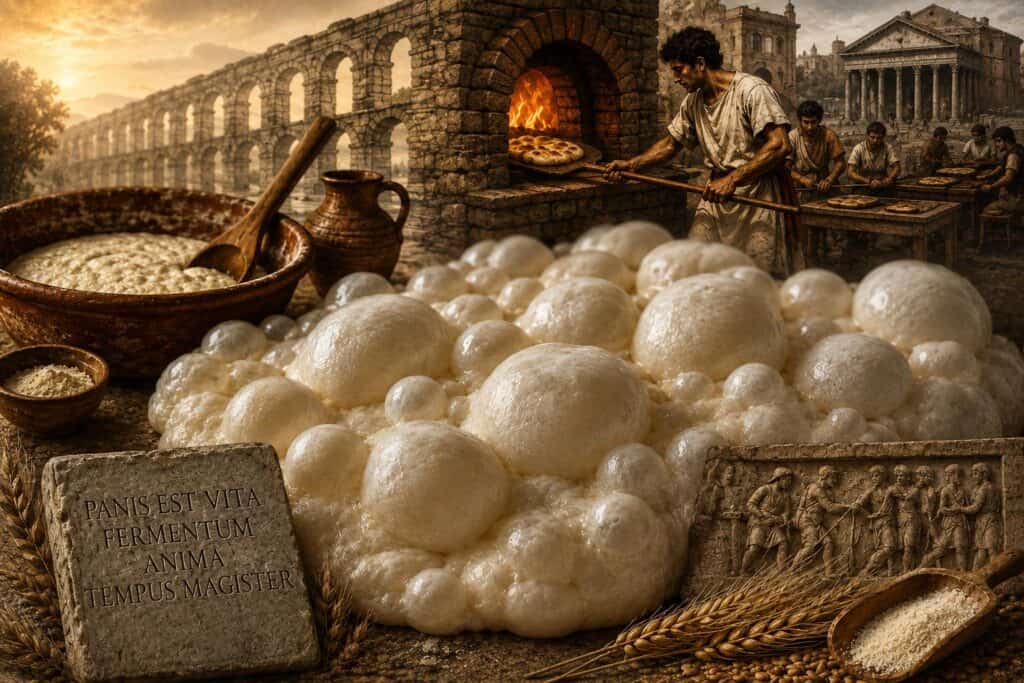 Illustration of pinsa romana dough fermenting, with bakers at a bread oven in ancient Rome behind it