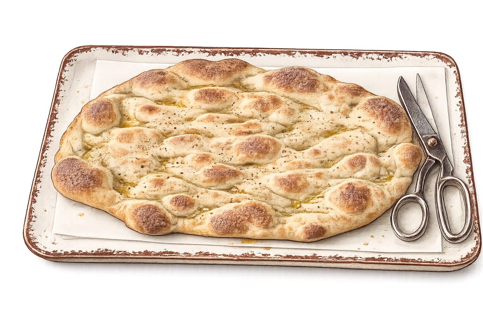 Authentic Pinsa Romana on a rustic serving tray with scissors for slicing.