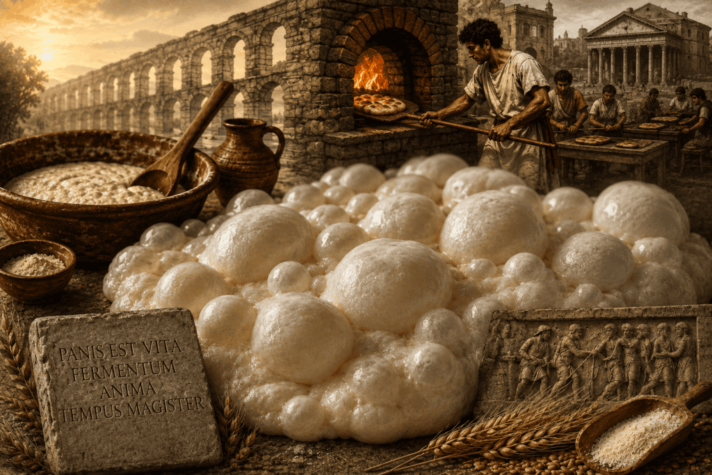 Roman baker preparing dough in front of an ancient oven with historical ruins in background.
