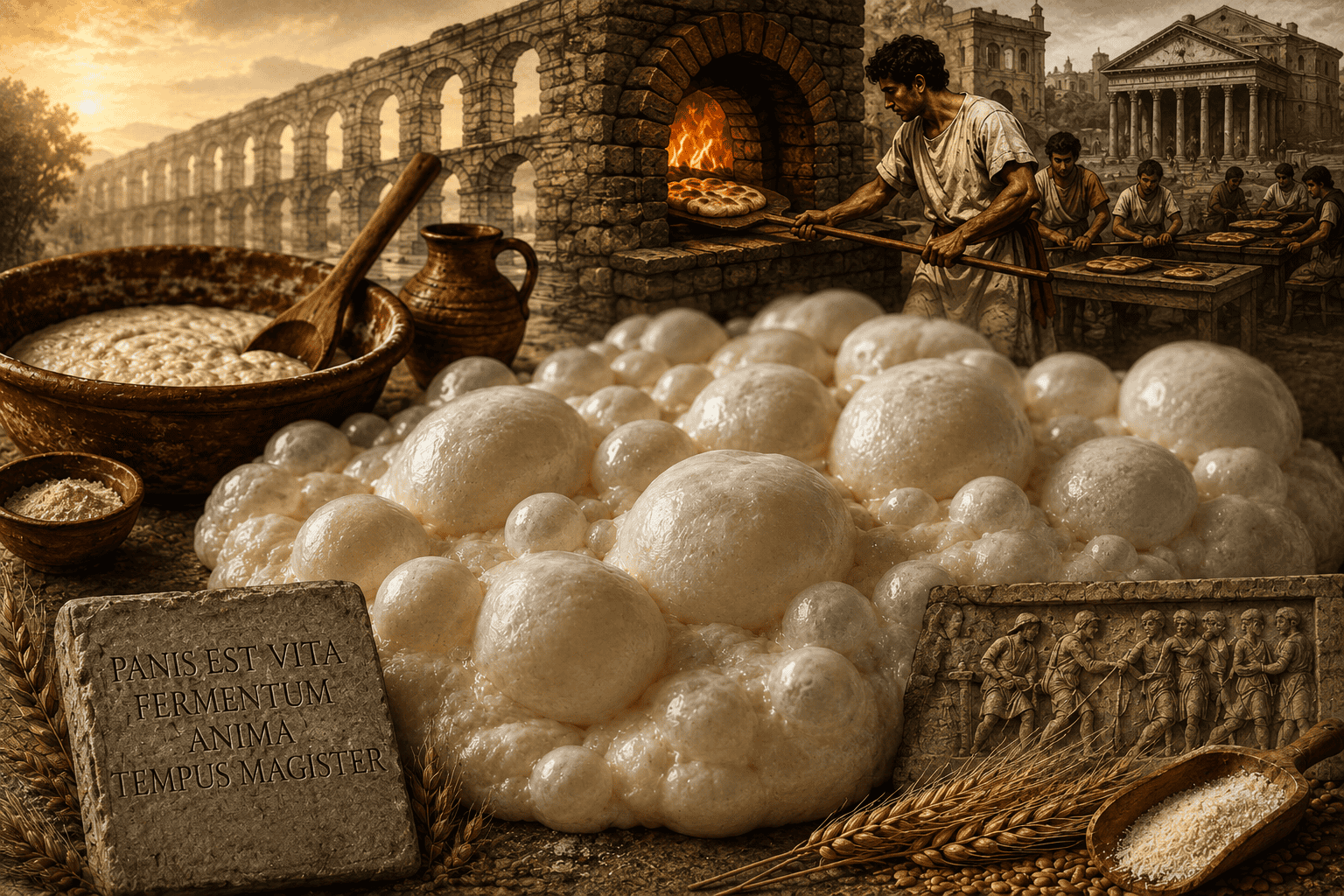 Ancient Roman bakers preparing fermented dough beside a stone oven and aqueduct