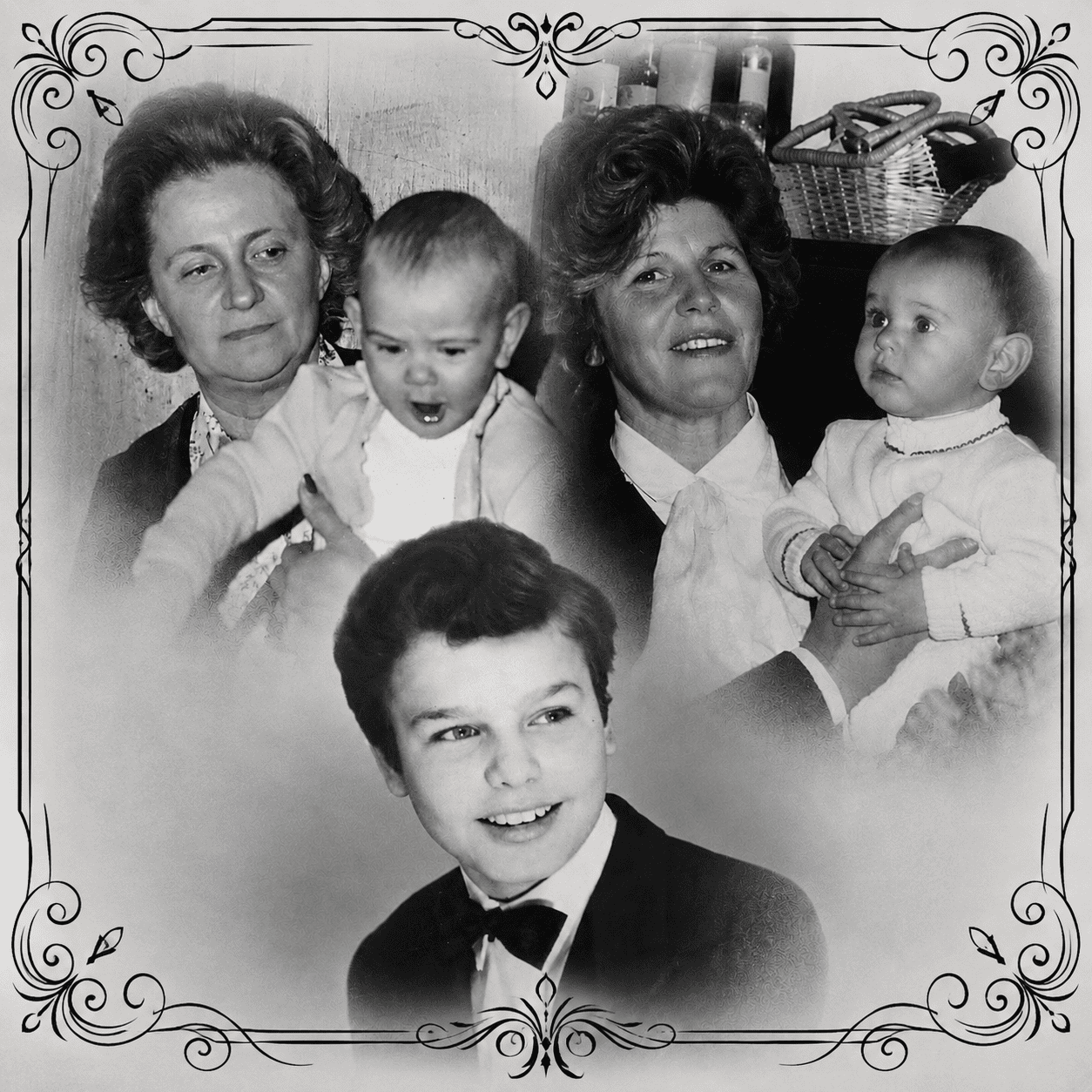 Black-and-white Zacchino family collage with two grandmothers, babies, and a young boy
