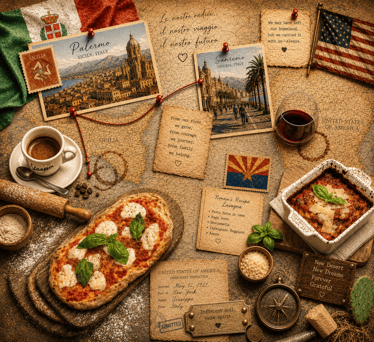 Italian family journey collage from Palermo and Sanremo to the United States