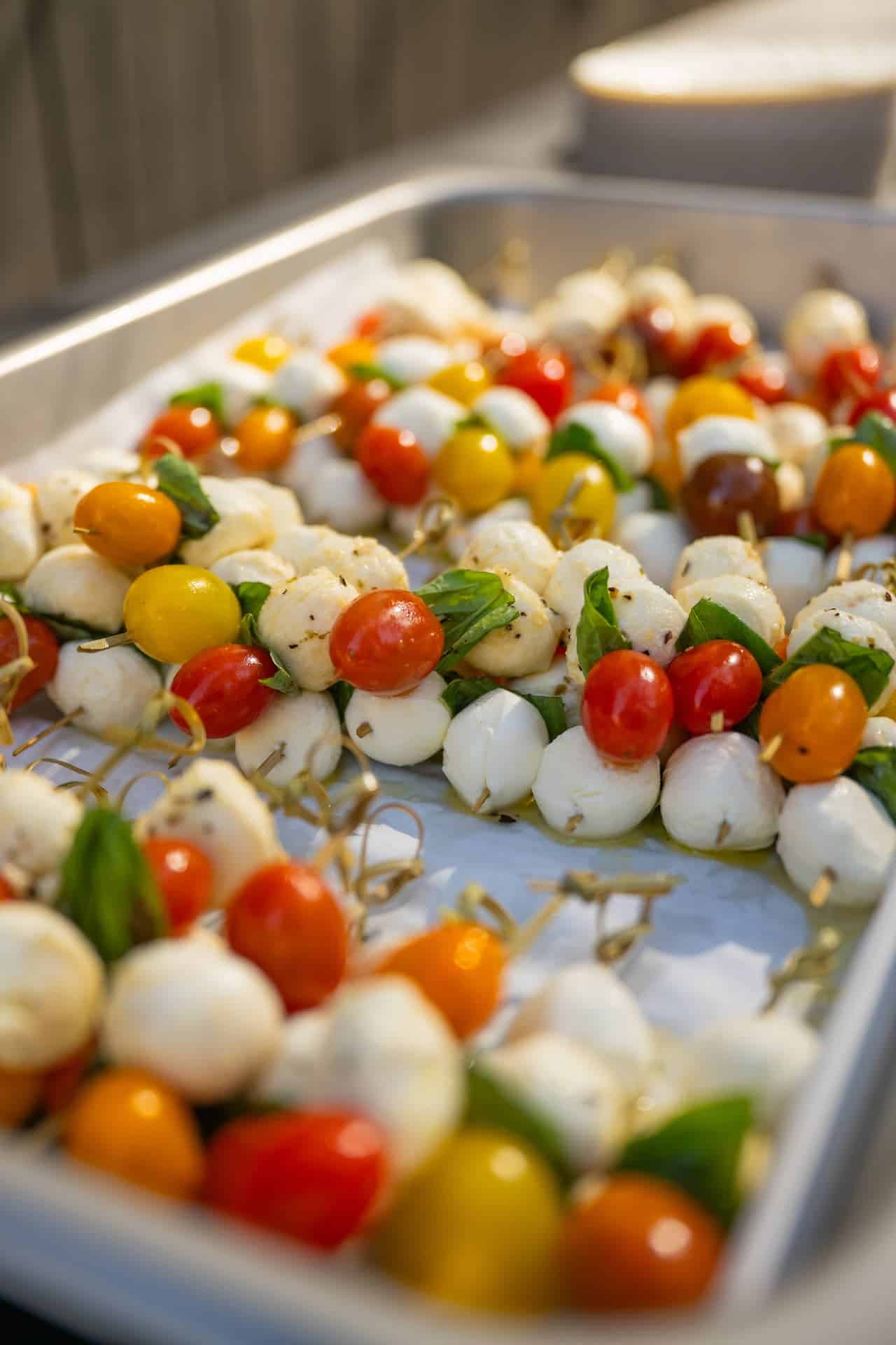 Caprese skewers prepared for catering at a Sedona wedding