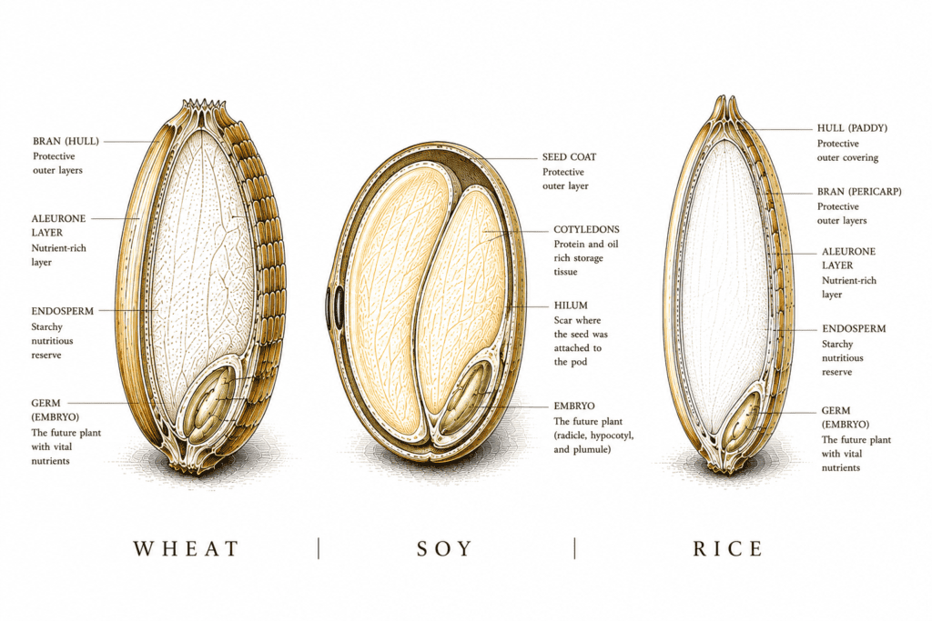 Illustrated cross-sections comparing wheat, soy, and rice grain anatomy